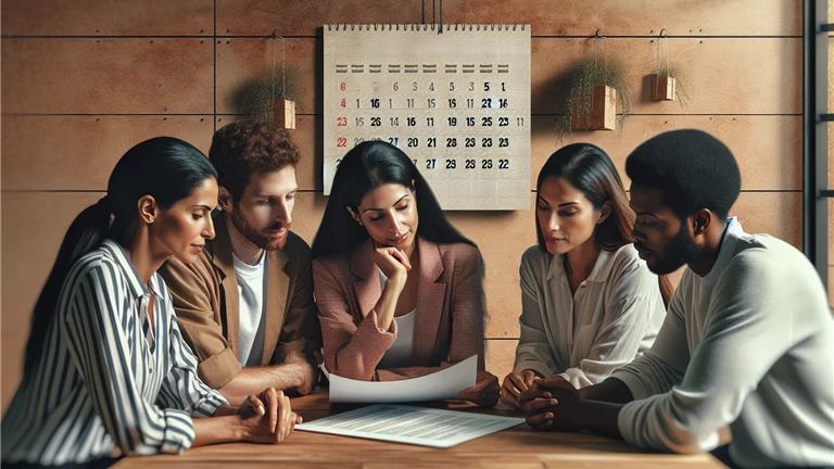 Group of people discussing a document in a meeting room with a calendar on the wall