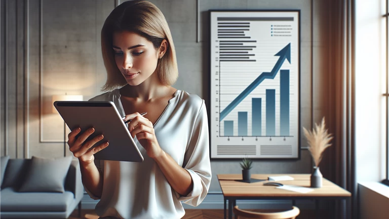 American woman using tablet and filling out website form with chart poster displaying upward graph