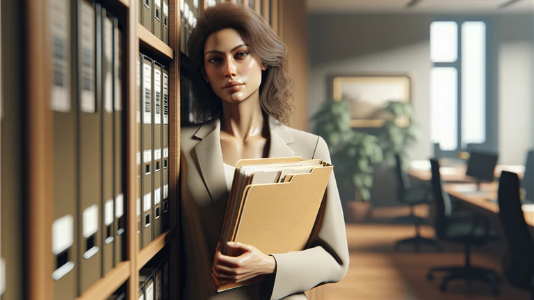 American woman in legal records room holding manila folder with legal papers