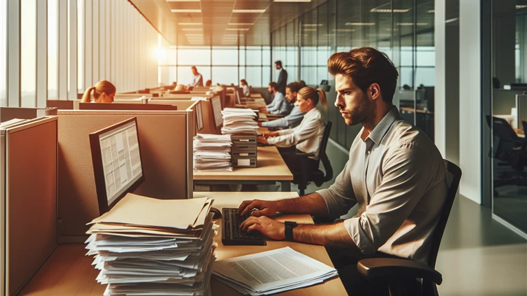 Man in office cubicle surrounded by papers searching on computer for document management software