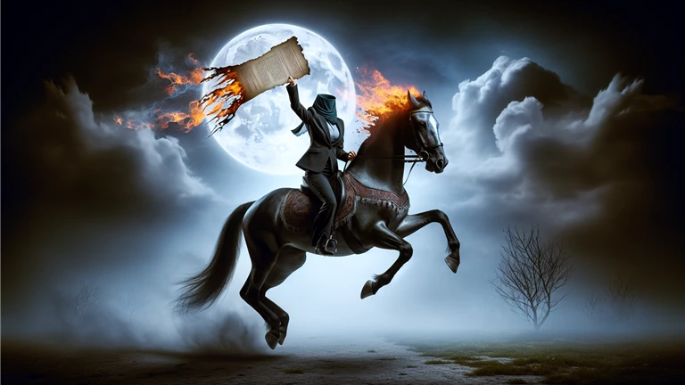 Headless businessman on black horse holding flaming document in eerie night scene