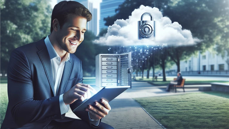 American man filling out form on digital tablet in park with data flowing into a vault displayed in a cloud