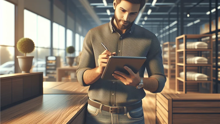 American man in a store filling out a customer satisfaction survey on a tablet