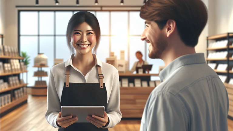 Store employee helping a happy customer with a tablet in a warm lit store setting