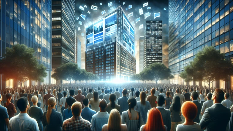 Digital content being distributed around a city from an office building with a crowd of people looking up