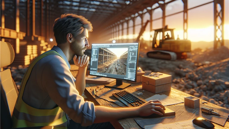 Blue collar employee using computer in warm lighting