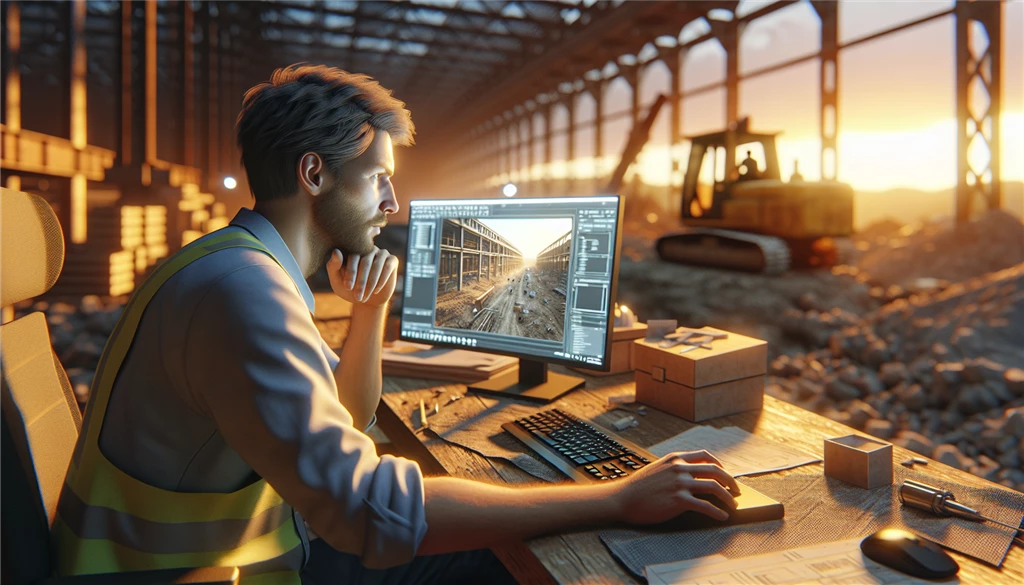 Blue collar employee using computer in warm lighting