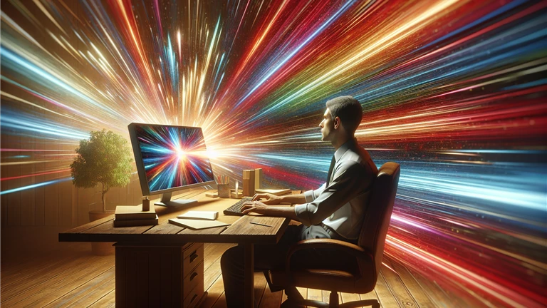 American employee at computer with colorful beams