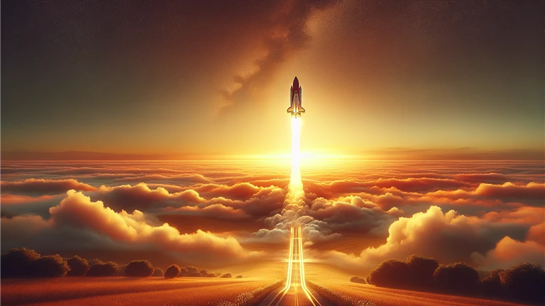 Rocket launching marketing campaign into the sky in a photorealistic landscape