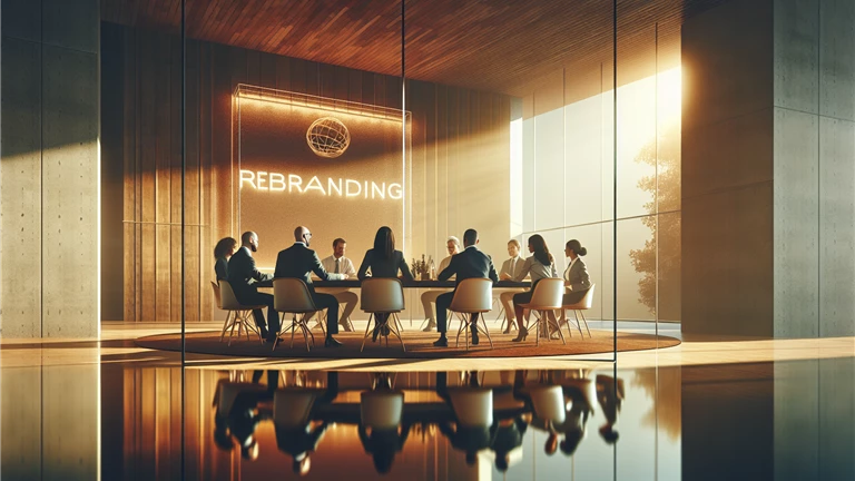 Illustration of a rebranding meeting in warm lighting